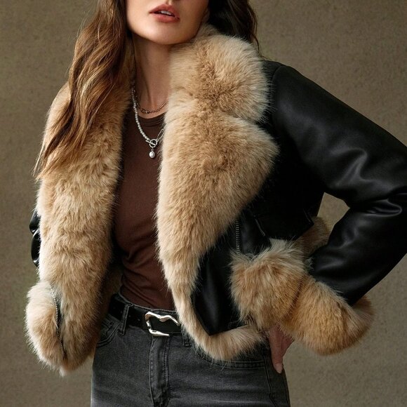 Black Casual Women's Faux leather Faux Fur Coat - Picture 1 of 7